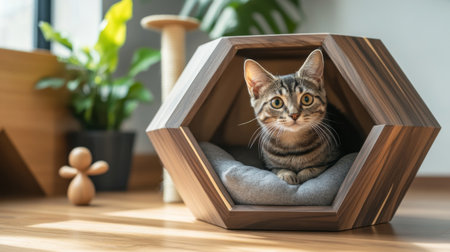 A sleek, minimalist wooden cat house with geometric cutouts and a soft, plush bed inside, blending seamlessly with modern home decorの素材