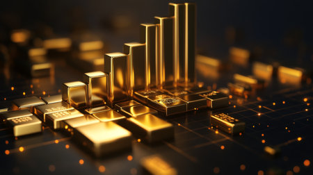 D bar graph with gold bars, representing financial success, dark luxury backgroundの素材