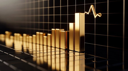 A stylish bar chart with metallic gold bars on a black reflective surface, showcasing the strength and value of gold in financial marketsの素材