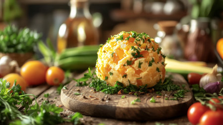 A tempting image of a cheese ball surrounded by a mix of fresh vegetables, served on a wooden cutting board, inviting a healthy yet indulgent snack optionの素材