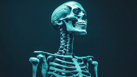 A visually striking image of a human skeleton positioned against a dark background, showcasing the intricate structure of bones and jointsの素材