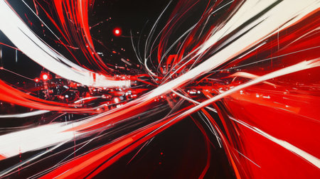 A busy motorway at night, with long-exposure light trails from cars creating dynamic lines of red and white.の素材