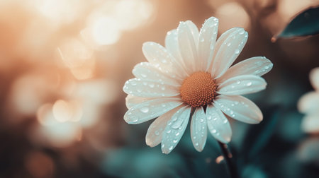 A close-up of a white daisy with dew drops resting on its petals, with soft light filtering through the background leaves.の素材