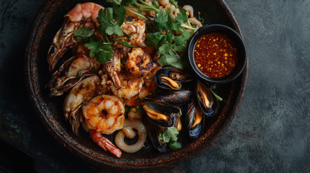 Aerial view of a grilled seafood feast featuring prawns, squid, and mussels, served on a rustic platter with fresh herbs and a side of spicy dipping sauce.の素材