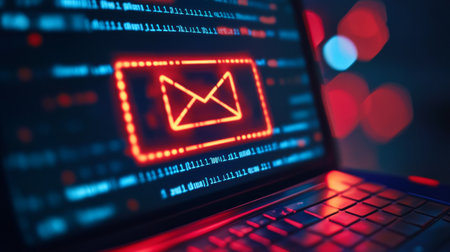 A close-up of a computer screen showing a phishing email alert, warning of potential online scams and cybercrime threats.の素材