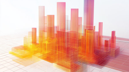 A D chart with multiple layers of transparent bars rising from a grid, illustrating complex data trends in a visually striking manner.の素材