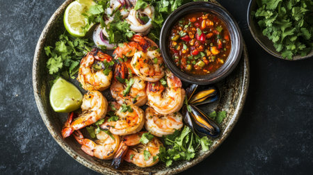 Aerial view of a grilled seafood feast featuring prawns, squid, and mussels, served on a rustic platter with fresh herbs and a side of spicy dipping sauce.の素材