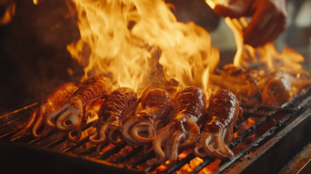 A chef expertly grilling squid on a barbecue, with flames and smoke rising, creating a delicious and smoky aroma.の素材