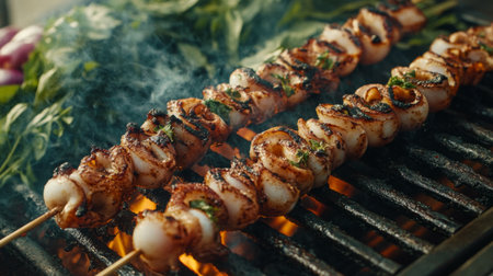 A close-up of grilled squid skewers on a sizzling hot grill, surrounded by fresh herbs, vegetables, and spices.の素材