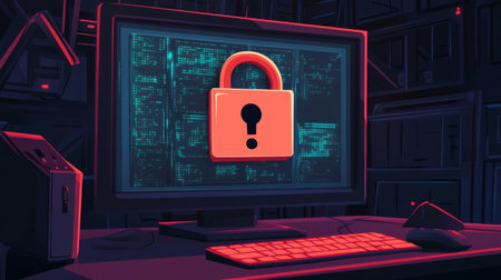 A digital lock with an exclamation mark, symbolizing data theft and unauthorized access, with online crime threats visible on a monitor.の素材