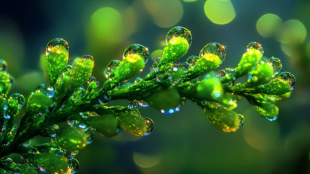 A macro shot of fresh green leaves unfurling on a young tree branch, glistening with morning dew.の素材