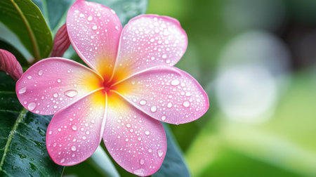 A fresh bloom with tiny droplets of water on its petals, set against a blurred natural background of lush foliage.の素材