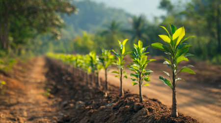 A line of saplings planted along a dirt road, representing reforestation efforts in a rural area.の素材