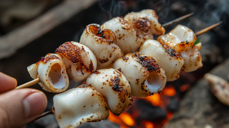 A hand holding a skewer of hot grilled squid, with grill marks visible and the warm smoky flavor being released into the air.の素材