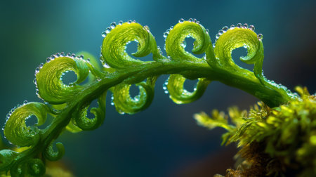 A macro shot of fresh green leaves unfurling on a young tree branch, glistening with morning dew.の素材