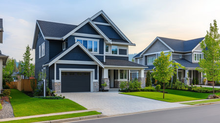 A modern twin house in a suburban neighborhood with a neat front yard, clean driveway, and contemporary architecture.の素材
