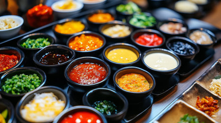 A shabu table with a variety of sauces in small dishes, including spicy, tangy, and creamy options, ready for dipping.の素材