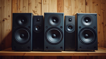 A modern home audio system setup featuring a set of elegant speakers on a minimalist living room shelf.の素材