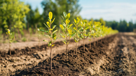 A line of saplings planted along a dirt road, representing reforestation efforts in a rural area.の素材