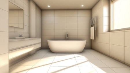 A minimalist bathroom with a sleek freestanding tub, simple fixtures, and light-toned tiles, creating a clean and calming space.の素材