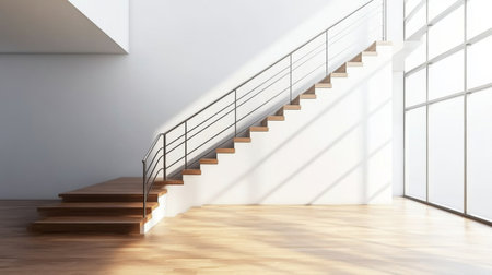 A modern minimalist staircase with sleek metal railings, wooden steps, and a white wall, adding to the contemporary feel of the home.の素材