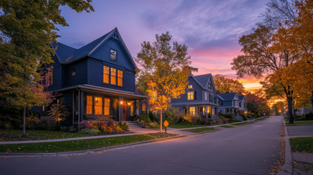 A serene evening shot of twin houses with warm lights glowing from the windows and a calm street lined with trees.の素材