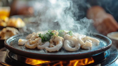 A sizzling plate of squid being served at a seafood restaurant, with steam rising and the smell of freshly grilled seafood in the air.の素材