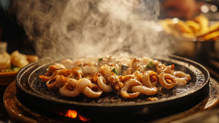 A sizzling plate of squid being served at a seafood restaurant, with steam rising and the smell of freshly grilled seafood in the air.の素材