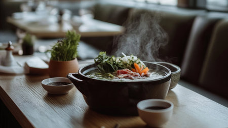 A steaming pot of shabu broth surrounded by fresh vegetables, sliced meats, and dipping sauces on a wooden table in a cozy restaurant.の素材