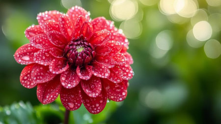 A single red flower with water droplets glistening on its petals, surrounded by blurred green foliage in the background.の素材