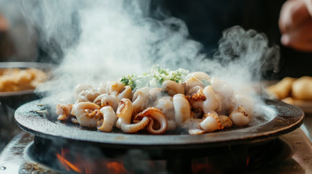 A sizzling plate of squid being served at a seafood restaurant, with steam rising and the smell of freshly grilled seafood in the air.の素材