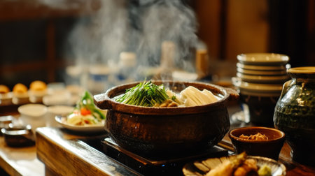 A traditional shabu setting with a rustic clay pot and authentic Japanese-style ingredients displayed elegantly.の素材
