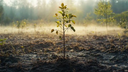 A young tree growing in an open field, with golden rays of sunrise shining through the morning mist.の素材
