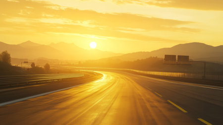 A smooth, empty motorway at sunrise, with golden light reflecting off the asphalt and distant mountains.の素材