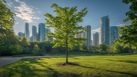 A young tree thriving in an urban park, with skyscrapers in the distance blending nature and modernity.の素材