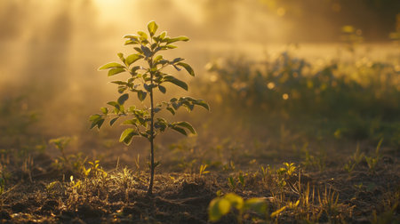 A young tree growing in an open field, with golden rays of sunrise shining through the morning mist.の素材