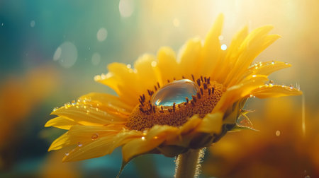 A vibrant sunflower with water droplets perched on its yellow petals, captured with sunlight reflecting off the droplets.の素材