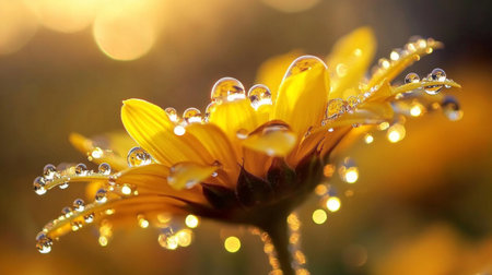 A vibrant sunflower with water droplets perched on its yellow petals, captured with sunlight reflecting off the droplets.の素材
