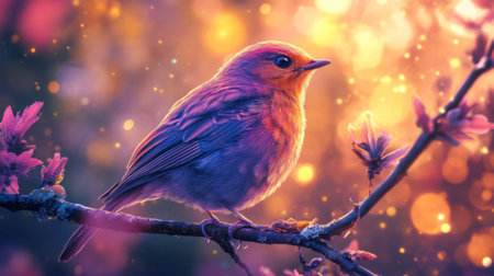 Close-up of a bird with detailed feather patterns, perched on a branch, with a background of softly glowing lights adding depth and a magical feel to the scene.の素材