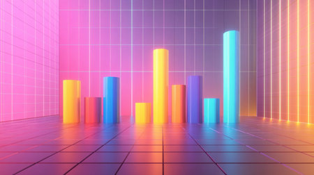 A vibrant D bar graph with colorful bars rising from a grid background, representing financial growth and data analytics in a modern, futuristic design.の素材
