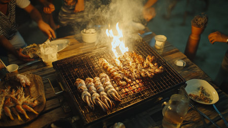 A wide shot of a barbecue party with grilled squid sizzling on the grill, surrounded by friends enjoying the feast.の素材