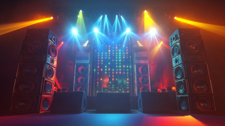 A vibrant concert scene with massive speakers delivering powerful sound waves to the enthusiastic crowd under bright stage lights.の素材