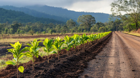 A line of saplings planted along a dirt road, representing reforestation efforts in a rural area.の素材