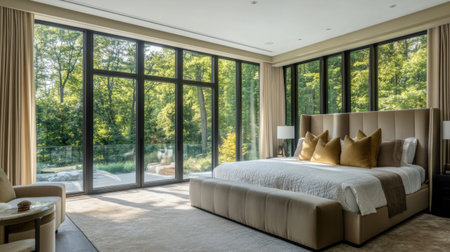 A spacious master bedroom with a large upholstered bed, floor-to-ceiling windows, and a peaceful view of nature outside.の素材