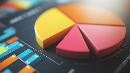 Close-up of a D pie chart with a portion pulled out to emphasize a specific segment, showcasing detailed data and a modern, professional look.の素材