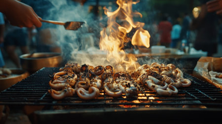 A wide shot of a barbecue party with grilled squid sizzling on the grill, surrounded by friends enjoying the feast.の素材