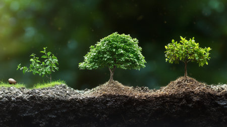 A time-lapse-inspired image showing different growth stages of a tree from seed to maturity on a split-screen.の素材