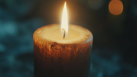 Close-up of a candle flame flickering softly in the dark, casting a warm, golden glow and creating a serene, peaceful ambiance.の素材