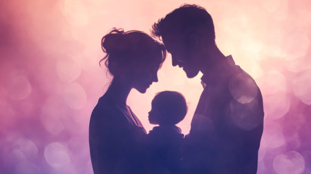 Close-up of a family silhouette with a mother and father embracing their child, set against a soft, pastel-colored background for a tender, loving scene.の素材