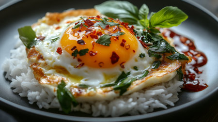 Close-up of a classic Thai omelette served on white rice, with a drizzle of fish sauce and chili on the side, highlighting the texture and fluffiness of the egg.の素材
